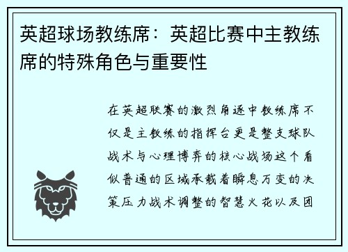 英超球场教练席：英超比赛中主教练席的特殊角色与重要性